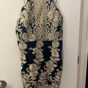 Holiday Navy Blue Gold Baroque Dress, Backless, crisscross detail - MEDIUM 6/8